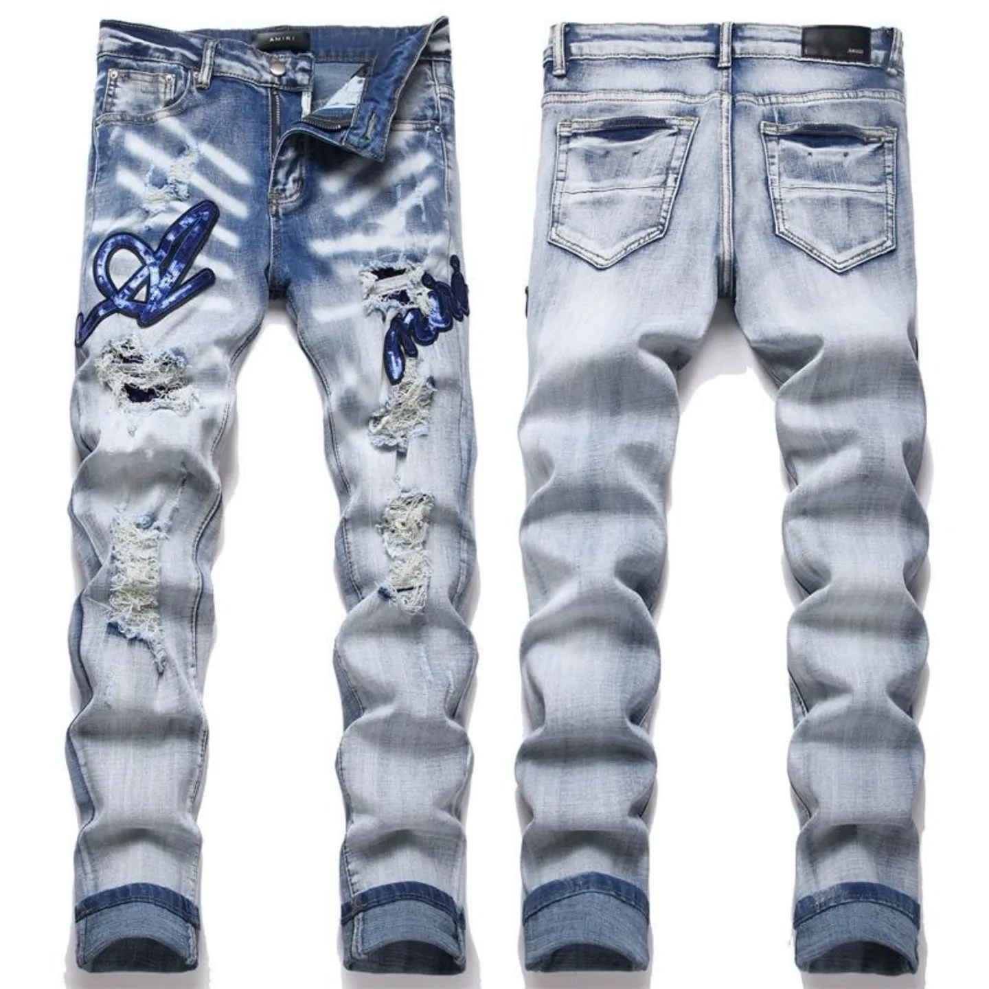 #N02 P186💰 AMIRI patch embroidery jeans trousers AMIRI high street basic ripped tight elastic jeans trousers amiri brand jeans break the production process and cutting of the original jeans, the fabrics are softer and more comfortable Hand-sewn collar label Customized logo buttons Genuine leather tag Color: Picture color Size: 30-32-34-36