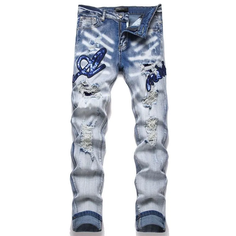 #N02 P186💰 AMIRI patch embroidery jeans trousers AMIRI high street basic ripped tight elastic jeans trousers amiri brand jeans break the production process and cutting of the original jeans, the fabrics are softer and more comfortable Hand-sewn collar label Customized logo buttons Genuine leather tag Color: Picture color Size: 30-32-34-36