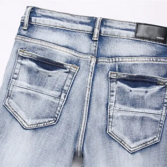 #N02 P186💰 AMIRI patch embroidery jeans trousers AMIRI high street basic ripped tight elastic jeans trousers amiri brand jeans break the production process and cutting of the original jeans, the fabrics are softer and more comfortable Hand-sewn collar label Customized logo buttons Genuine leather tag Color: Picture color Size: 30-32-34-36