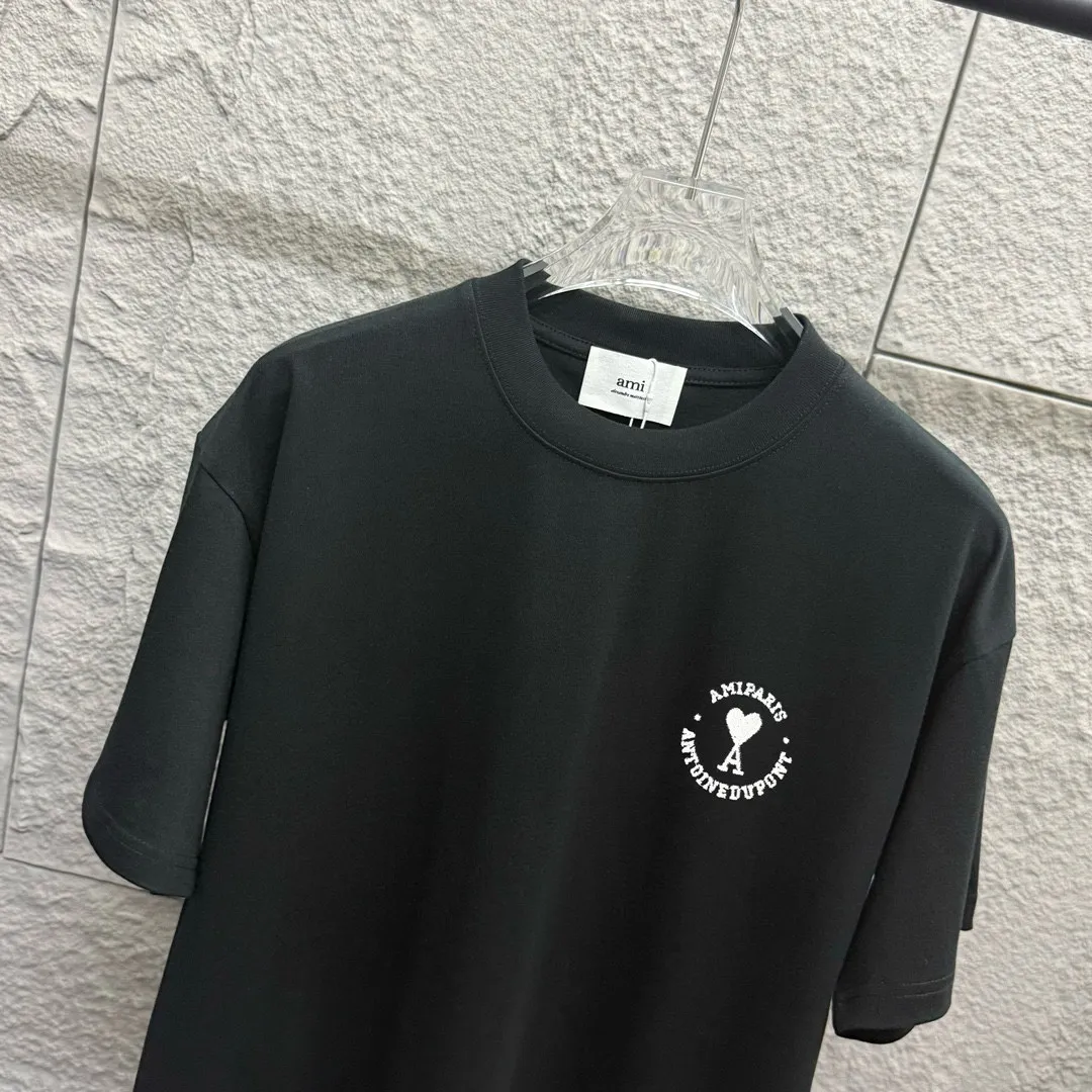 🅿️180 Ami* 2025 Spring and Summer New Style Embroidered Circle Little Love Customized Double Yarn Plain Cotton Fabric Short Sleeve T-shirt Unisex Color: Black White Light Blue Light Pink Size: S (90-130 catties) M (120-150 catties) L (140-165 catties) XL (160-180 catties) XXL (180-210 pounds)