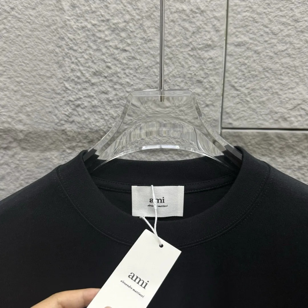 🅿️180 Ami* 2025 Spring and Summer New Style Embroidered Circle Little Love Customized Double Yarn Plain Cotton Fabric Short Sleeve T-shirt Unisex Color: Black White Light Blue Light Pink Size: S (90-130 catties) M (120-150 catties) L (140-165 catties) XL (160-180 catties) XXL (180-210 pounds)