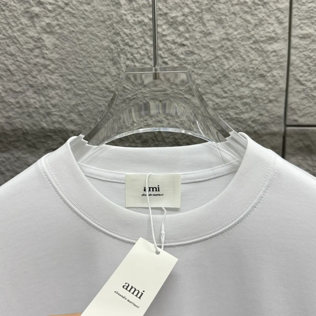 🅿️180 Ami* 2025 Spring and Summer New Style Embroidered yellow little love Customized double yarn plain cotton fabric Short-sleeved T-shirt Uniform for men and women Color: Black White Floral Gray Angora Red Size: S (90-130 catties) M (120-150 catties) L (140-165 catties) XL (160-180 catties) XXL (180-210 pounds)