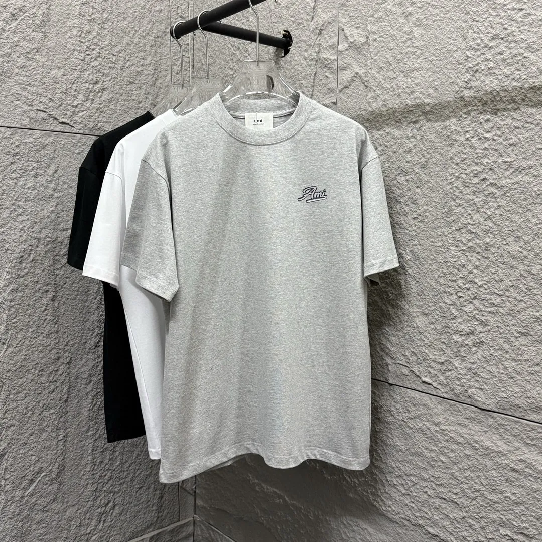 🅿️180 Ami* 2025 spring and summer new style Ami letter embroidery customized double yarn plain cotton fabric short-sleeved T-shirt for men and women Color: black white floral gray Size: S (90-130 pounds) M (120-150 pounds) L (140-165 pounds) XL (160-180 pounds) XXL (180-210 pounds)