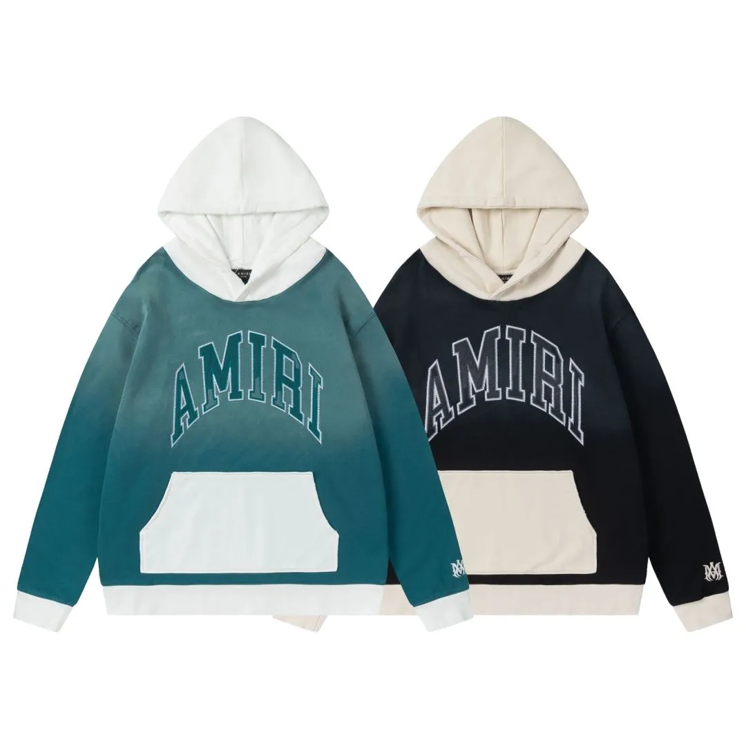 7176#P330AMIRI Burnt flower embroidery distressed, contrasting color hooded sweatshirt. Color: Black, Peacock Blue, Size: S M L XL