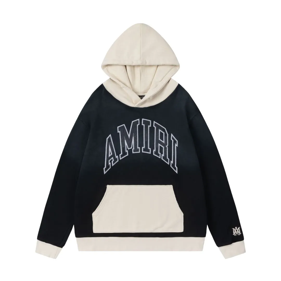 7176#P330AMIRI Burnt flower embroidery distressed, contrasting color hooded sweatshirt. Color: Black, Peacock Blue, Size: S M L XL