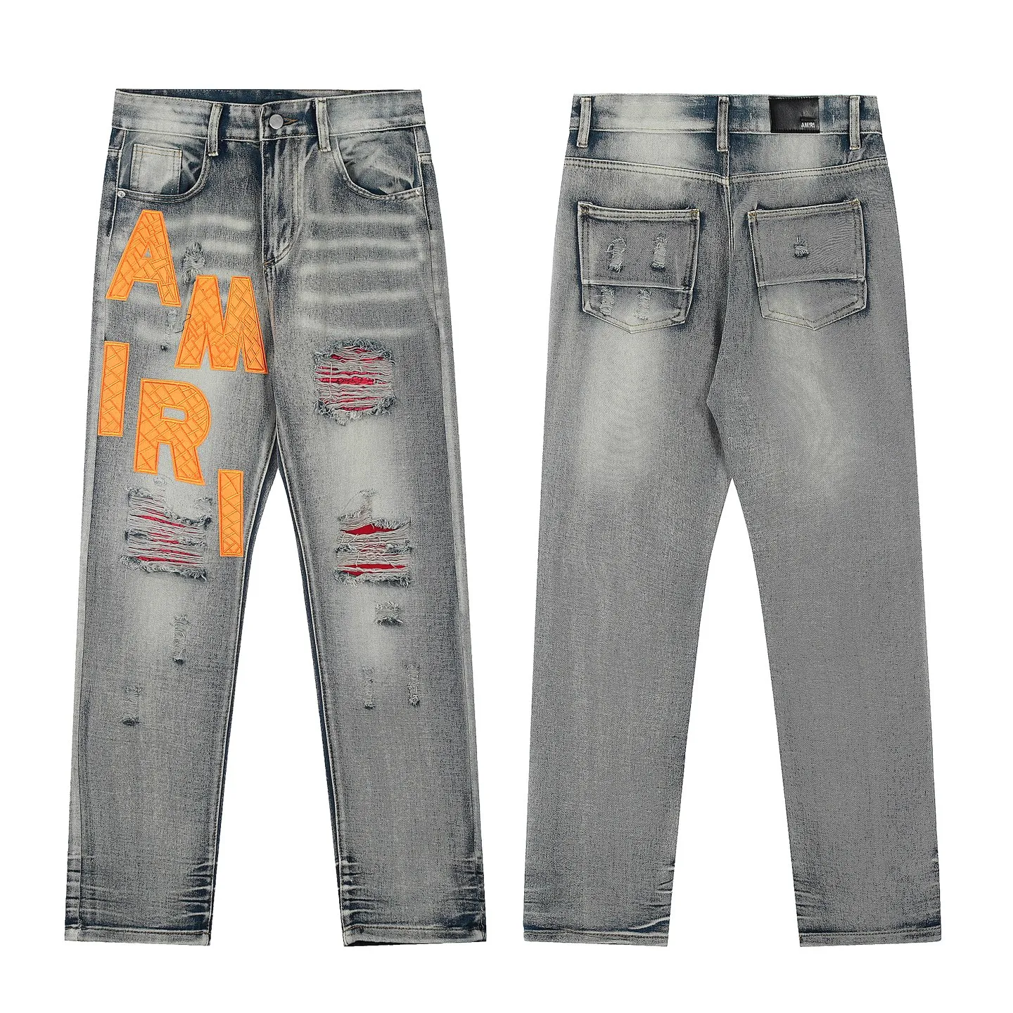 #M31 P168💰 Amiri classic embroidered patched leather ripped letter skinny jeans. Slim skinny jeans. Produced by a major washed factory. Full of high-end feel. Knee part destroyed design with patchwork design. Already used as facade design. Leather waist nameplate. The focus of this style is not on the washing, but on the destroyed shape and version. The secret lies in the craftsmanship of the master. The cost of post-processing, grinding, cutting, etc. is far beyond the cost of assembly line products. Color: Picture color Size: 30-32-34-36