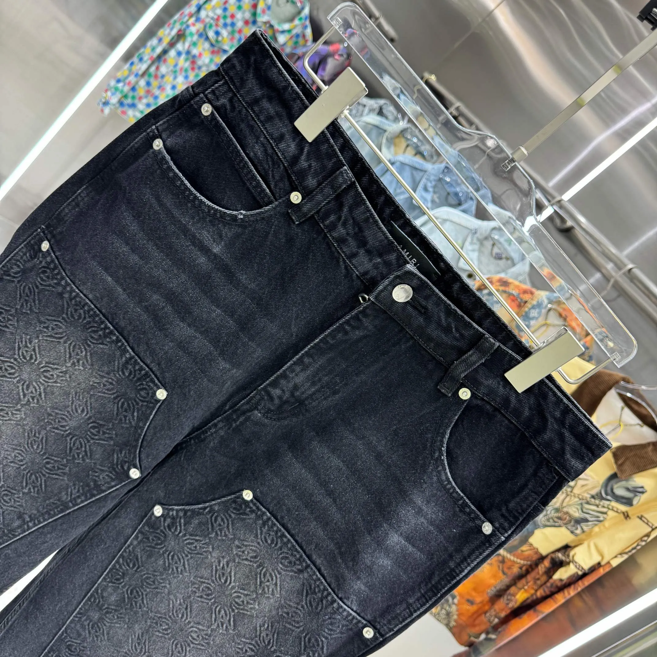 P250 Amiri Dark Pattern Jacquard Workwear Street Trend Loose Straight Jeans Color Black Size 30 32 34 36