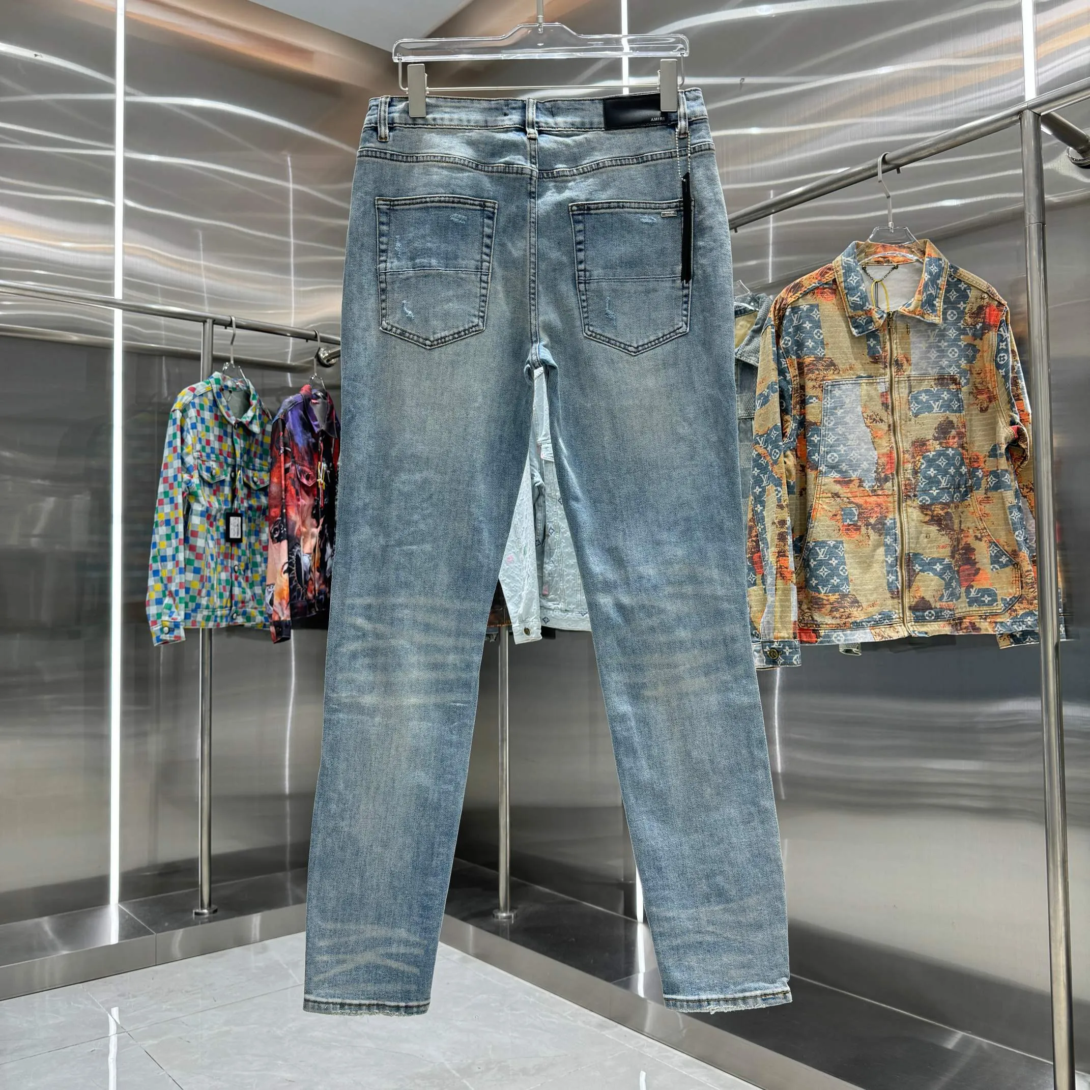 P290 Amiri ripped patchwork hot rhinestone craft street fashion slim fit stretch jeans Color Blue Size 30 32 34 36 38