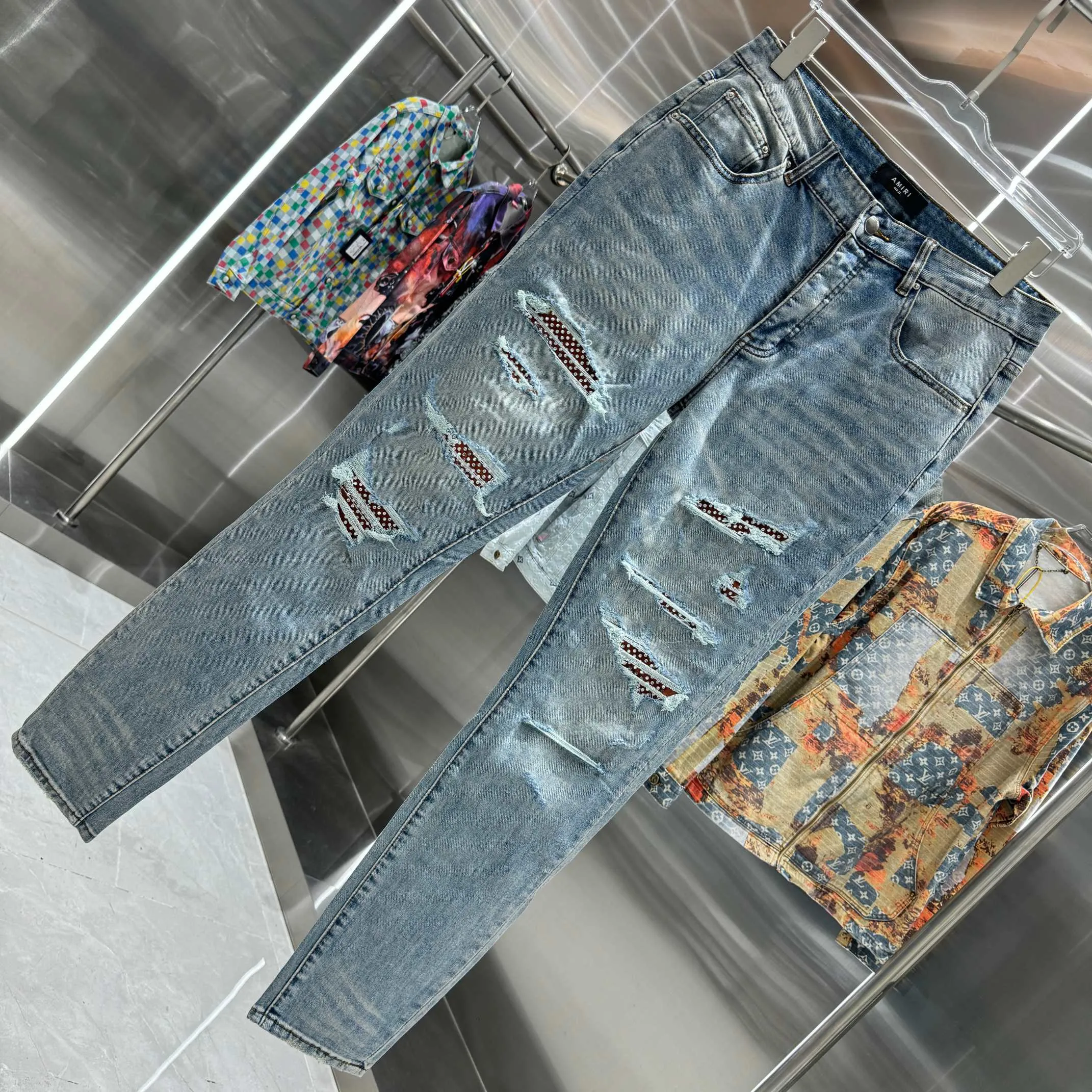 P290 Amiri ripped patchwork hot rhinestone craft street fashion slim fit stretch jeans Color Blue Size 30 32 34 36 38