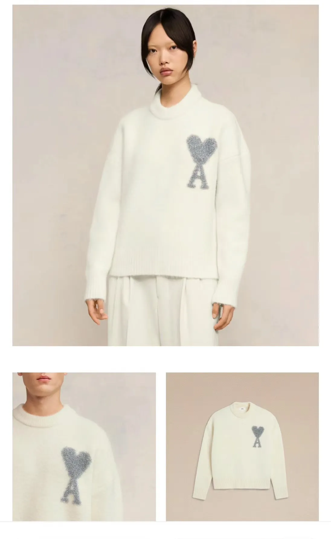 A8146# [Christmas Capsule Series] AMI Paris 2023 Autumn and Winter New Product Silver Big Heart Alpaca Blended Soft and Waxy Knitted Round Neck Sweater Oversize Version Same Style for Men and Women Color: Off-White Size: S-XL