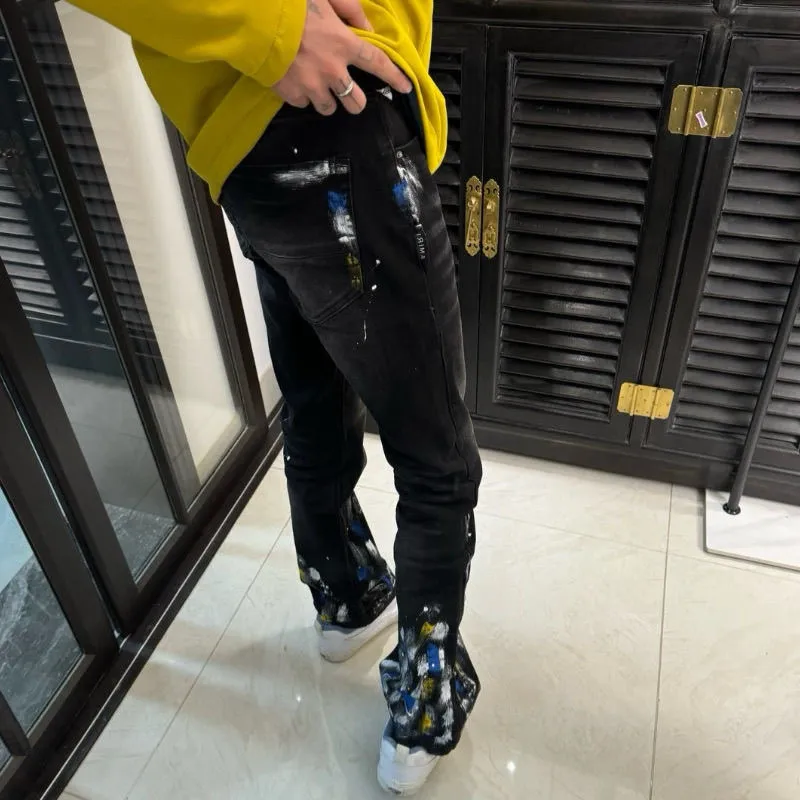 #M85 P168💰 AMIRI patch embroidery jeans trousers AMIRI high street basic ripped tight elastic jeans trousers amiri brand jeans break the production process and cutting of the original jeans, the fabrics are softer and more comfortable Hand-sewn collar label Customized logo buttons Genuine leather tag Color: Picture color Size: 30-32-34-36