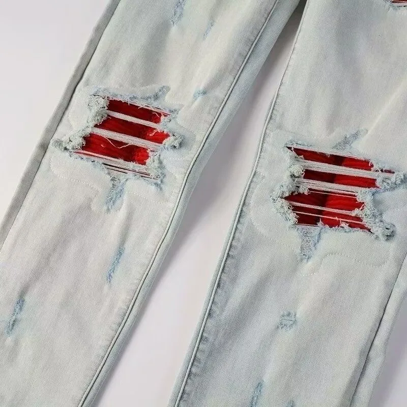 ￼#M16 P168💰 AMIRI patch embroidery jeans trousers AMIRI high street basic ripped tight elastic jeans trousers amiri brand jeans break the production process and cutting of the original jeans, the fabrics are softer and more comfortable Hand-sewn collar label Customized logo buttons Genuine leather tag Color: Picture color Size: 30-32-34-36