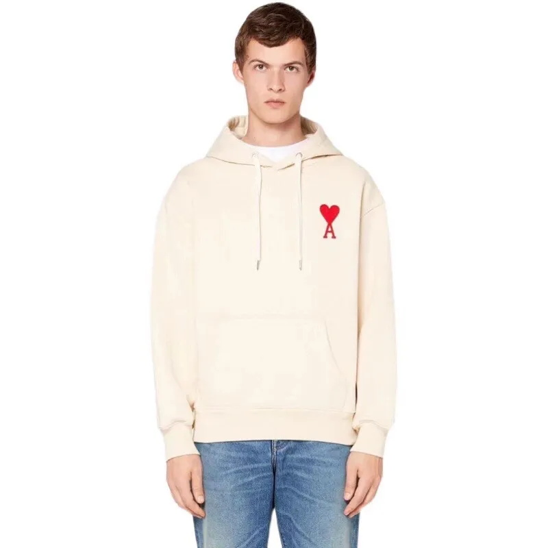 CY612#Ami Paris 2021 early autumn new product Ami de Coeur classic red love embroidered hooded sweatshirt for men and women, 380G sweatshirt terry fabric, color: black, apricot, size: S-XL