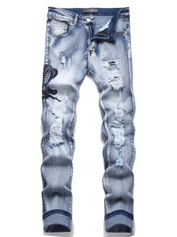 #M69 P168💰 AMIRI patch embroidery jeans trousers AMIRI high street basic ripped tight elastic jeans trousers amiri brand jeans break the production process and cutting of the original jeans, the fabrics are softer and more comfortable Hand-sewn collar label Customized logo buttons Genuine leather tag Color: Picture color Size: 30-32-34-36