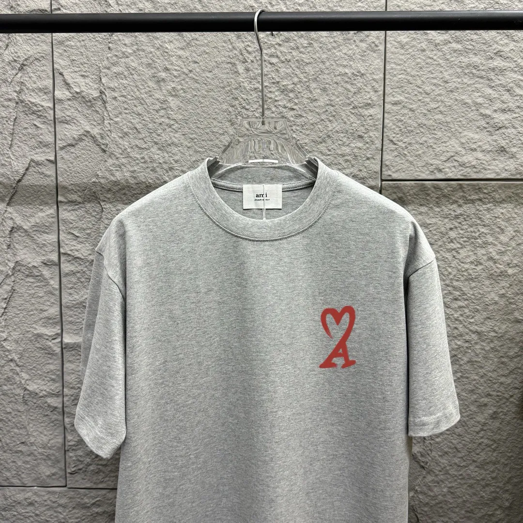 🅿️180 Ami* 2025 spring and summer new Ami rainbow love print Customized double yarn plain cotton fabric Short-sleeved T-shirt Unisex Color: Black White Floral Gray Angora Red Size: S (90-130 catties) M (120-150 catties) L (140-165 catties) XL (160-180 catties) XXL (180-210 pounds)