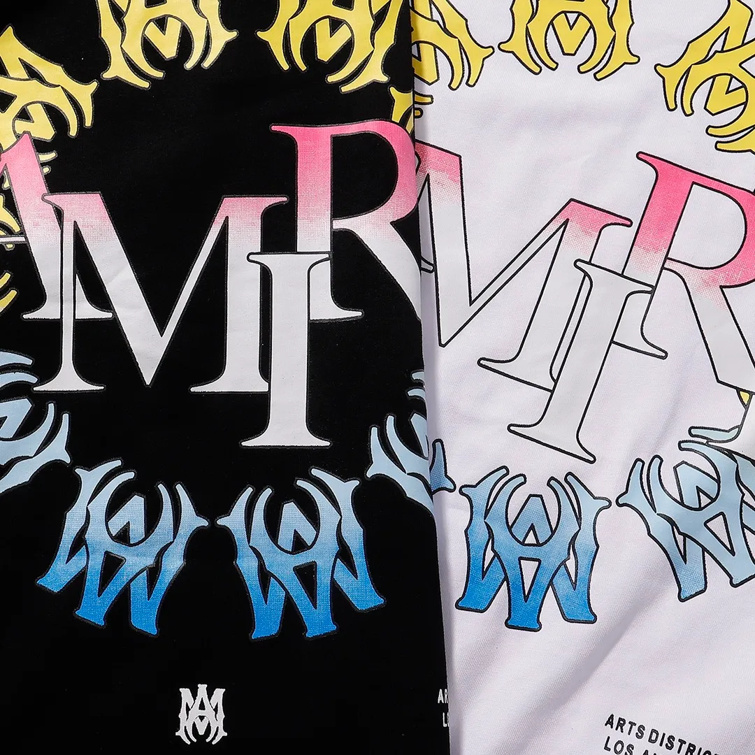 P126 Fabric: 260g double yarn AMIRI 2025 spring and summer new logo round neck T-shirt high street same style for men and women loose classic letter printed short sleeves Color: black. White Size: S M L XL