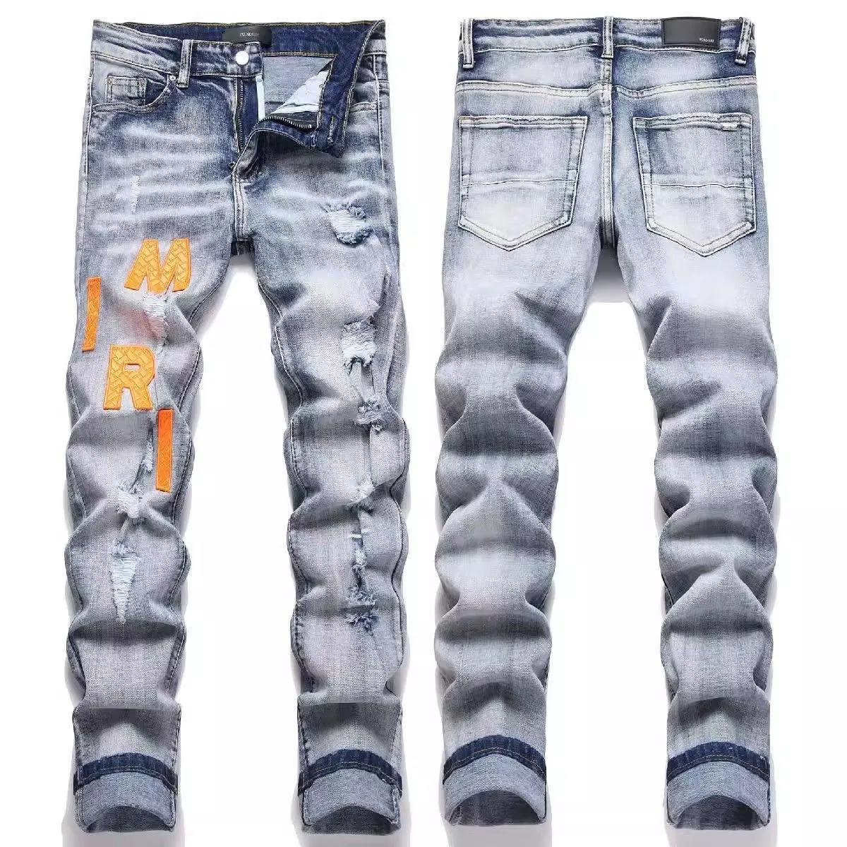 #M38 P168💰 Amiri classic embroidered leather ripped letter jeans slim fit jeans. Produced by a major washed factory. Full of high-end. Knee part destroyed design with patchwork design. Already used as facade design. Leather waist nameplate. The focus of this style is not on washing, but on the destroyed shape and version. The secret lies in the craftsmanship of the master. The cost of post-processing, grinding, cutting, etc. is far beyond the cost of assembly line products. Color: Picture color Size: 30-32-34-36