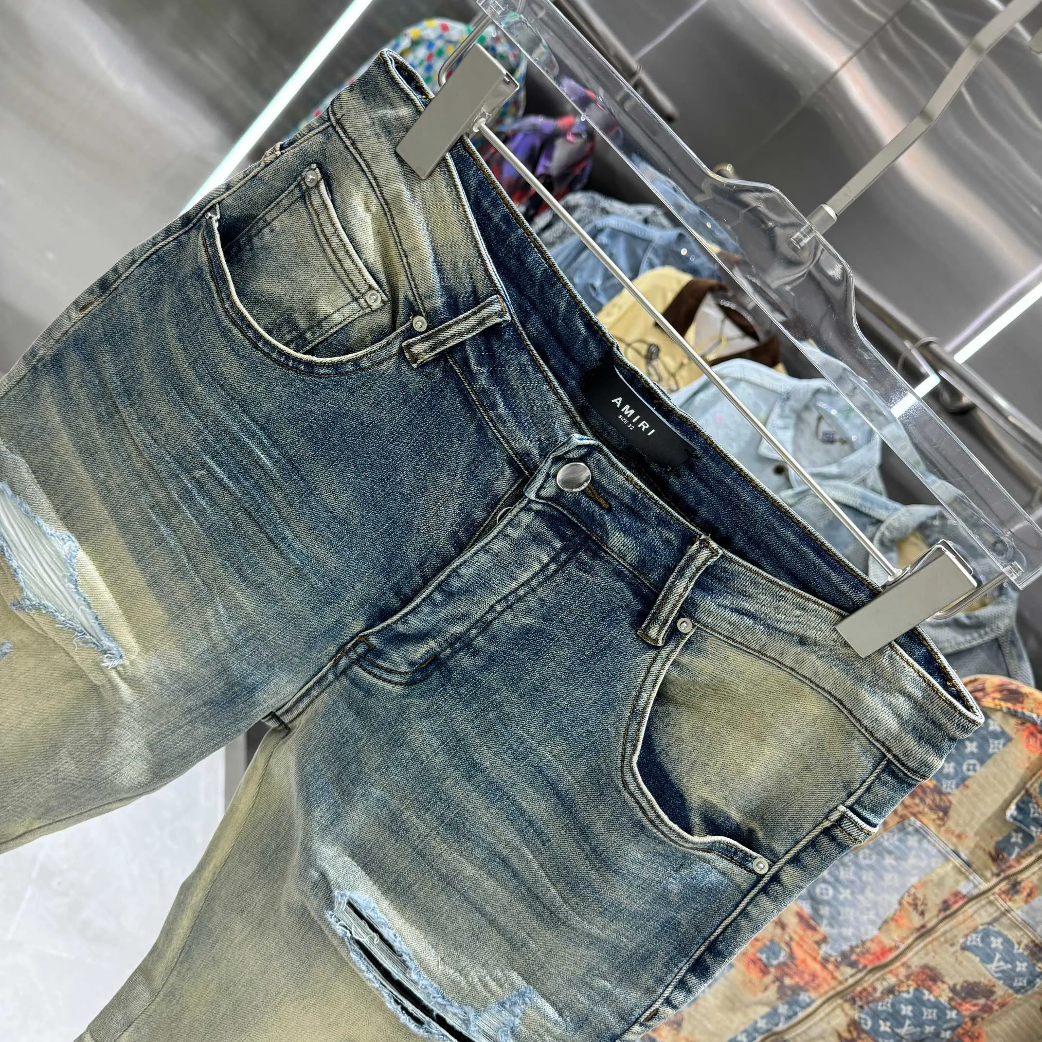 P290 Amiri ripped street fashion slim fit stretch jeans color blue size 30 32 34 36 38