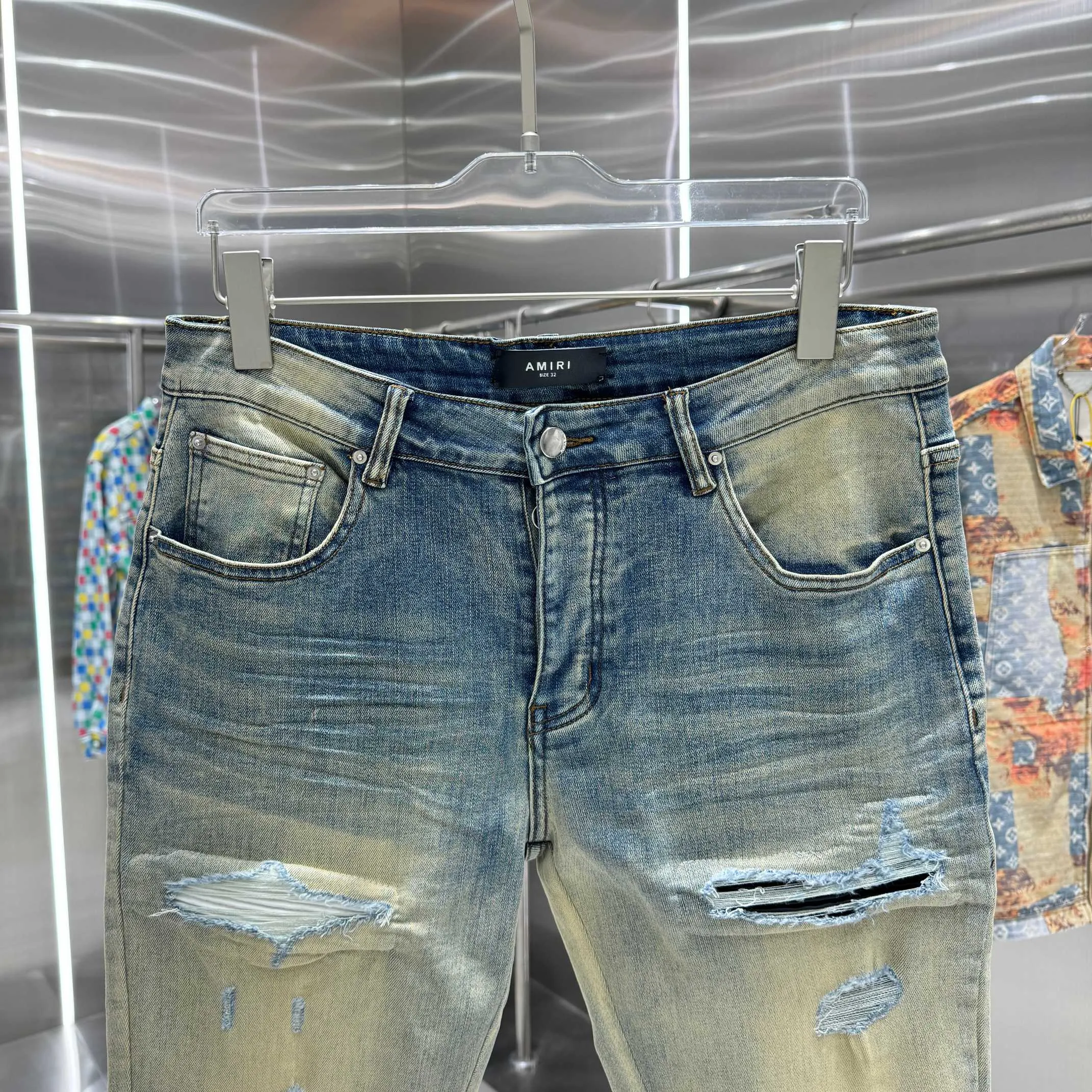 P290 Amiri ripped street fashion slim fit stretch jeans color blue size 30 32 34 36 38