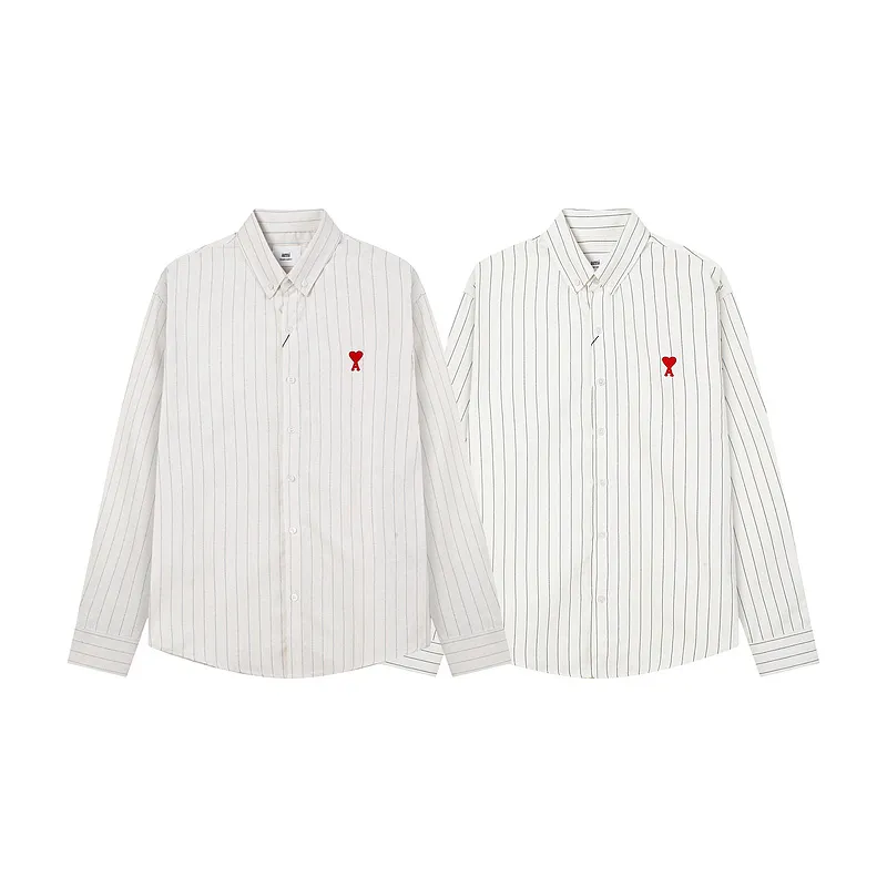 AMI Paris classic autumn red love heart embroidered on the chest, casual cotton large striped long-sleeved Oxford shirt, original custom-made 180g pure cotton fabric, loose off-shoulder version, same style for men and women, color: black and white, blue and white, size: S-XL