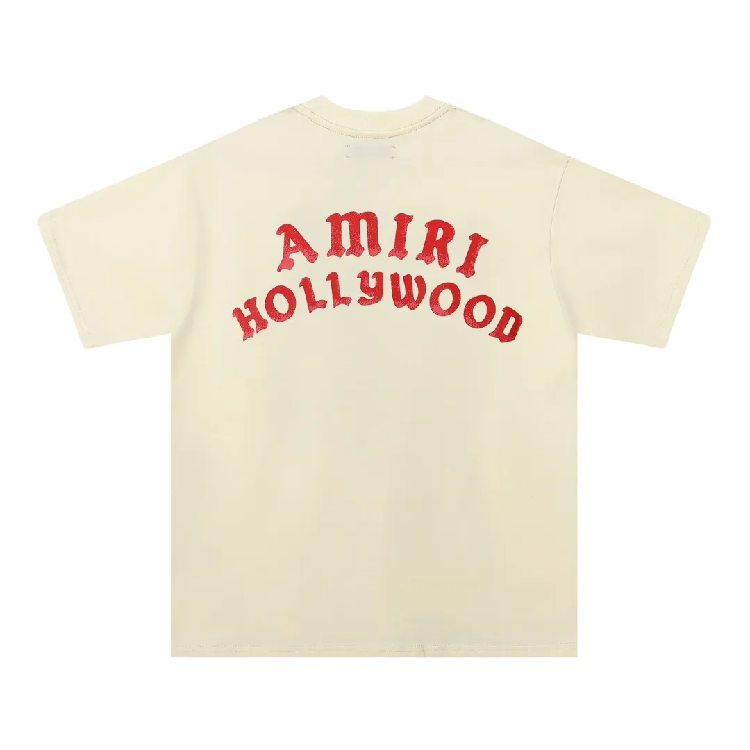 Style number: 749 P114 Fabric: 260g double yarn AMIRI 2025 spring and summer new logo round neck T-shirt high street men and women loose classic letter printed short sleeves Color: black. Apricot Size: S M L XL