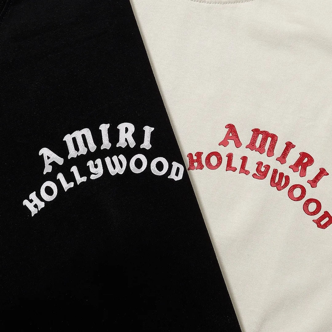 Style number: 749 P114 Fabric: 260g double yarn AMIRI 2025 spring and summer new logo round neck T-shirt high street men and women loose classic letter printed short sleeves Color: black. Apricot Size: S M L XL