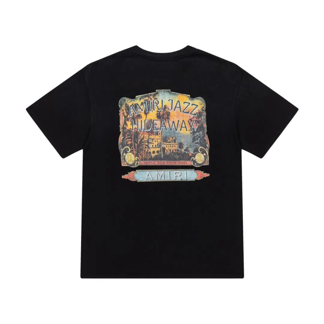 8043#P164, AMIRI ancient city logo, digital direct printing printed washed loose version of T-shirt, made of 300g heavy fabric, color: black, size: S M L XL