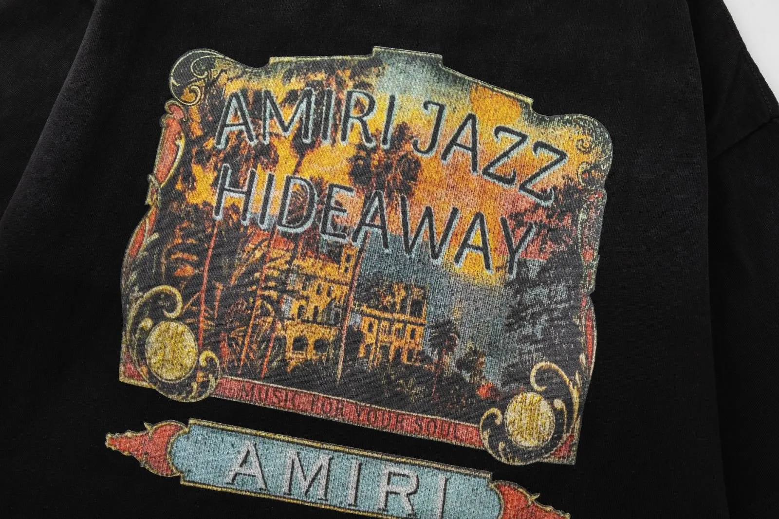 8043#P164, AMIRI ancient city logo, digital direct printing printed washed loose version of T-shirt, made of 300g heavy fabric, color: black, size: S M L XL
