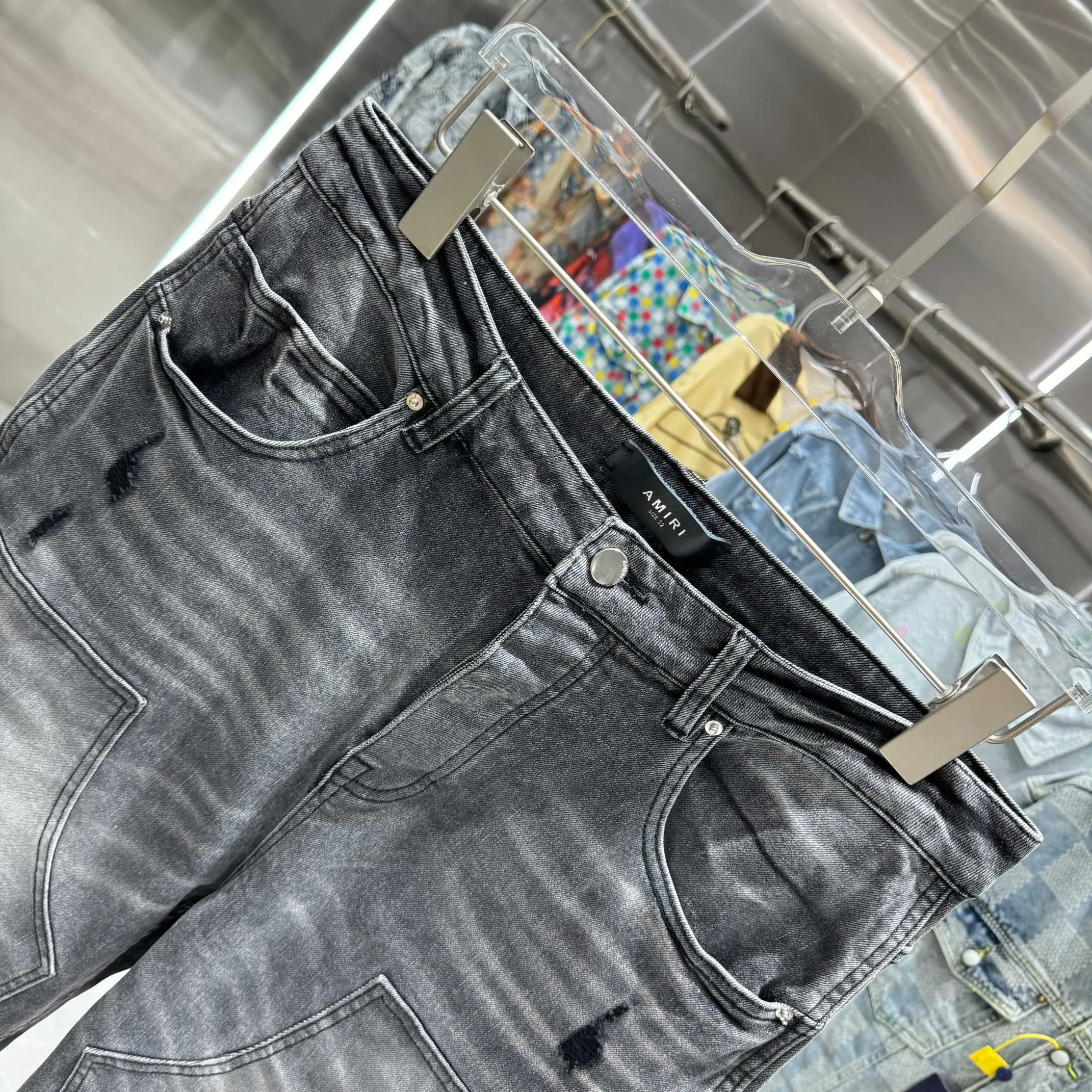 P300 Amiri ripped workwear street fashion loose straight jeans Color Black Size 30 32 34 36 38