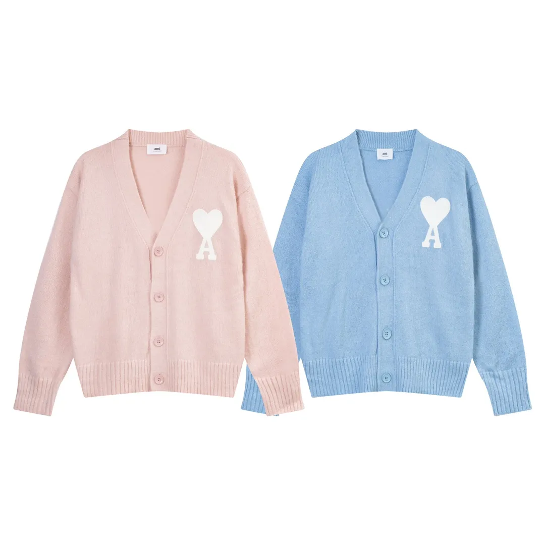 P200 A066# AMI Paris 2023 new white big love towel embroidered seahorse wool cardigan wool Oversize version, same style for men and women Color: sky blue tender pink Size: S-XL