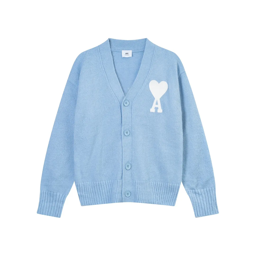P200 A066# AMI Paris 2023 new white big love towel embroidered seahorse wool cardigan wool Oversize version, same style for men and women Color: sky blue tender pink Size: S-XL