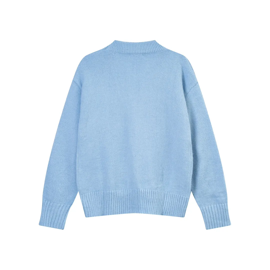 P200 A066# AMI Paris 2023 new white big love towel embroidered seahorse wool cardigan wool Oversize version, same style for men and women Color: sky blue tender pink Size: S-XL