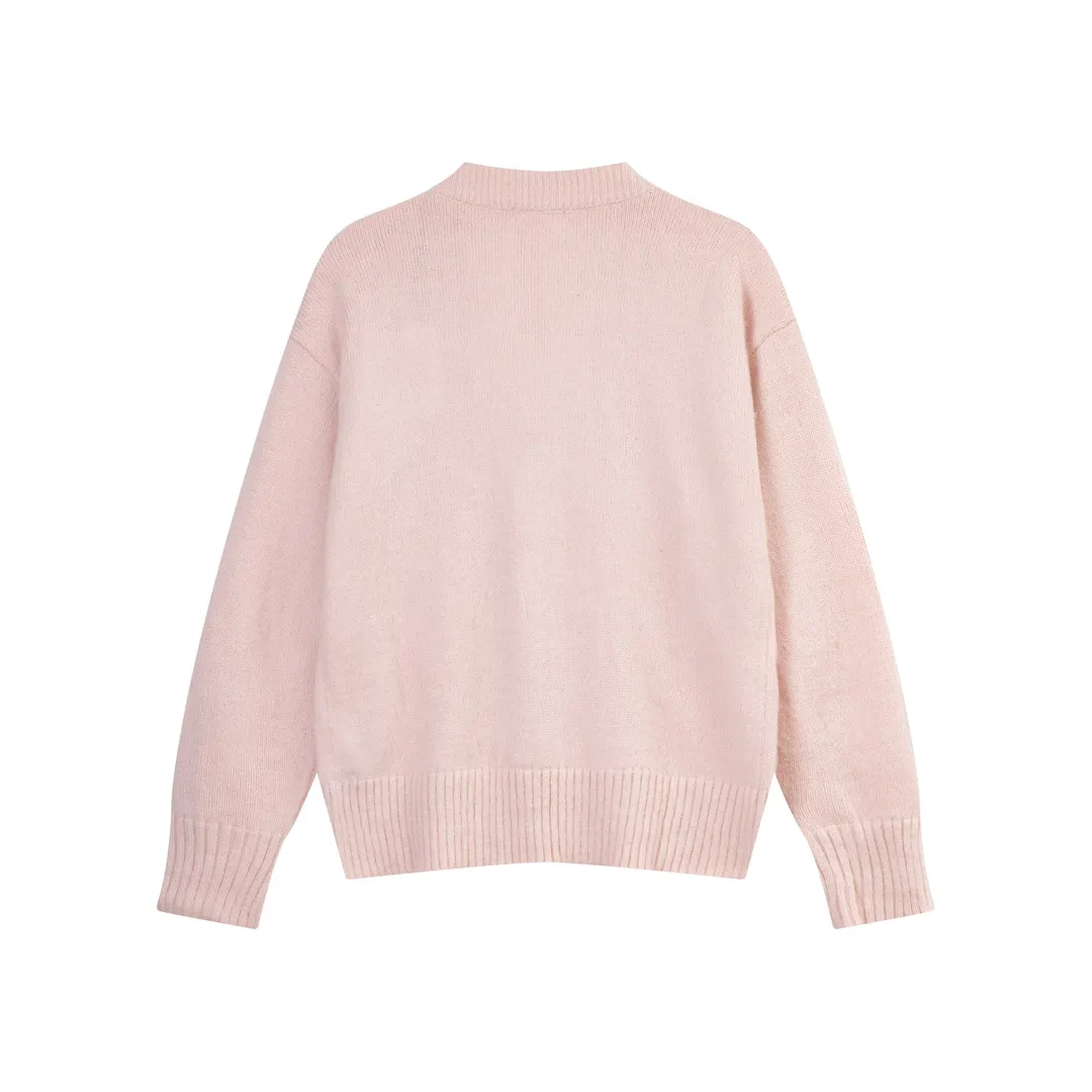 P200 A066# AMI Paris 2023 new white big love towel embroidered seahorse wool cardigan wool Oversize version, same style for men and women Color: sky blue tender pink Size: S-XL