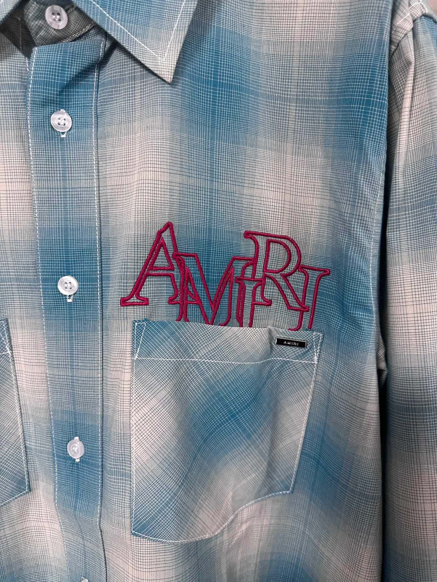 P360 💰 Amiri 2024SS spring and summer new color, knitted long-sleeved lapel shirt, custom yarn colorful plaid fabric, hem frayed and distressed effect, symmetrical patch pockets on the chest, brand logo letter embroidery embellishment, large round red embroidery on the back! Same style for men and women Size: S.M.L.XL