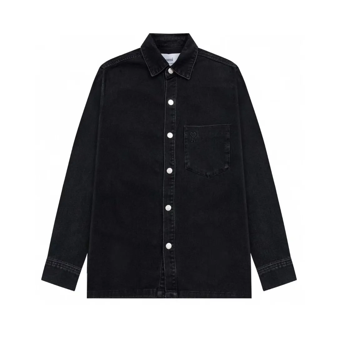 2268# AMI PARIS 25 autumn and winter new designer style, college retro style, chest pocket, heart embossed logo, long sleeves, casual lapel, slightly wide version, classic washed denim jacket, buttons decorated with LOGO, can be worn by men and women, long dropped shoulders, color: black, apricot, denim blue, size: S-XL
