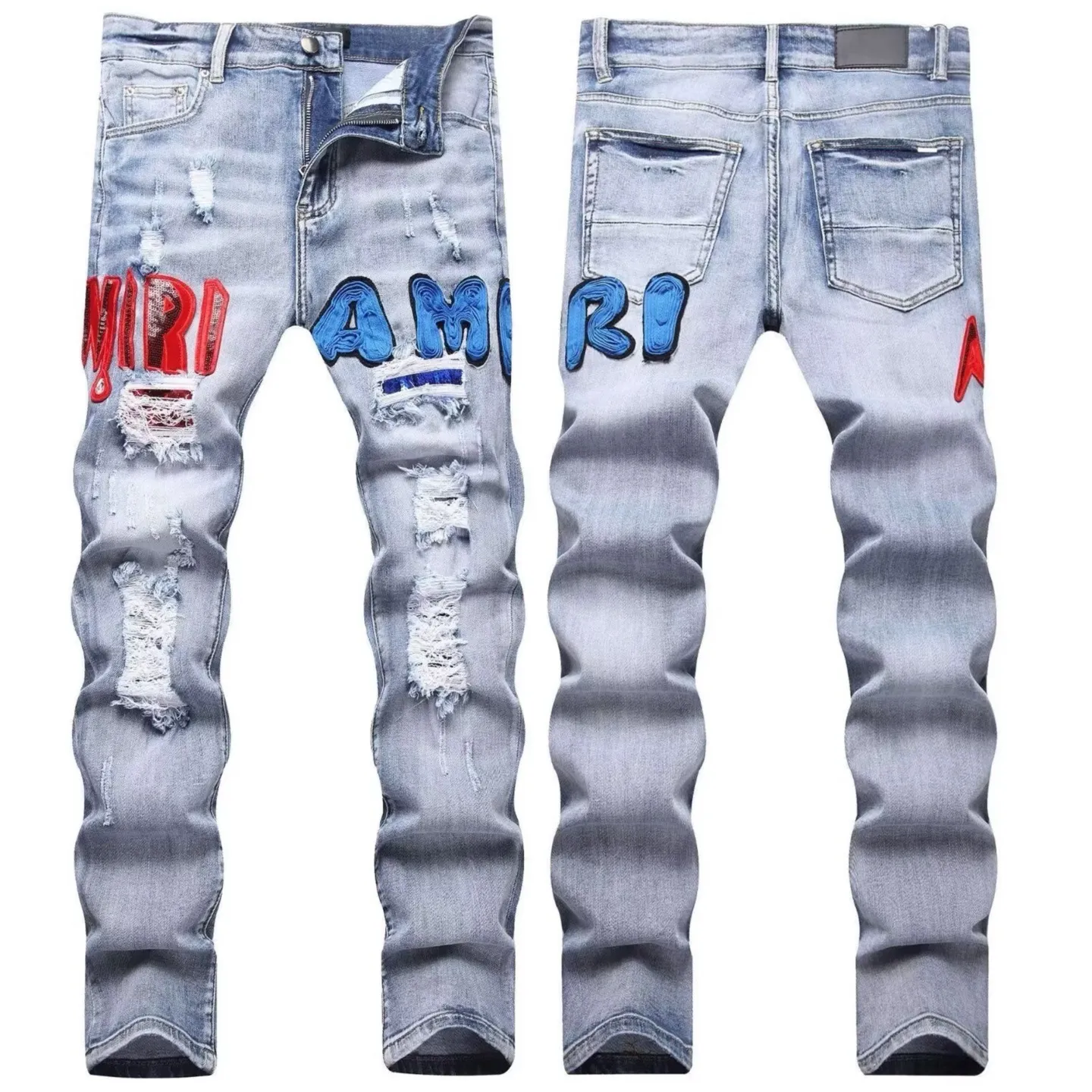 #M86 P168💰 Red and blue AM jeans with holes for small feet, light luxury jeans with AMIRI patch embroidery, jeans trousers, hole tight stretch jeans trousers, amiri brand jeans break the production process and cutting of the original jeans, the fabrics are softer and more comfortable, hand-sewn collar label, custom logo buttons, genuine leather tag, color: picture color, size: 30-32-34-36