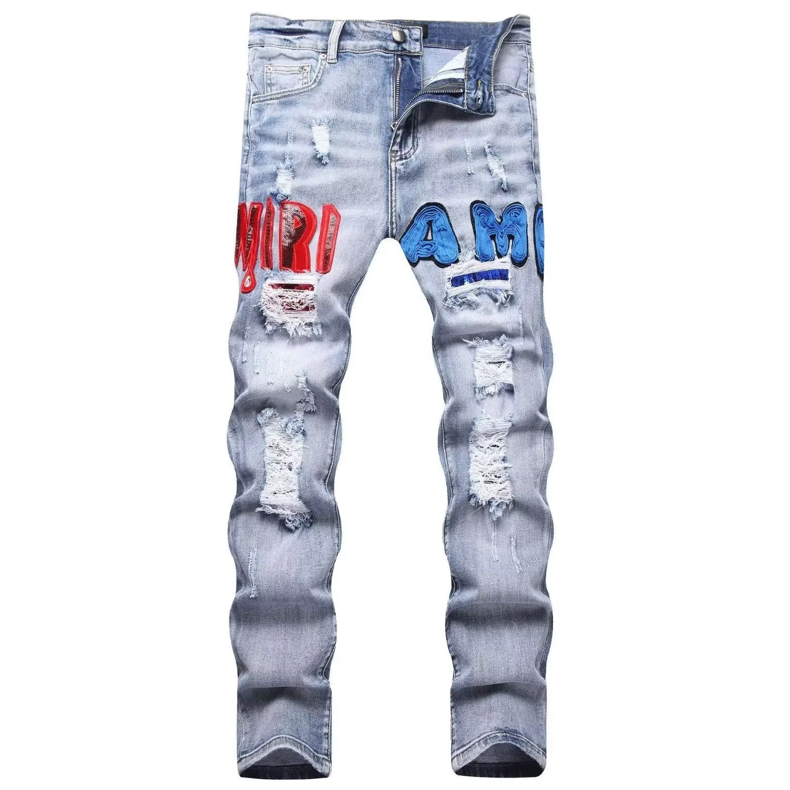 #M86 P168💰 Red and blue AM jeans with holes for small feet, light luxury jeans with AMIRI patch embroidery, jeans trousers, hole tight stretch jeans trousers, amiri brand jeans break the production process and cutting of the original jeans, the fabrics are softer and more comfortable, hand-sewn collar label, custom logo buttons, genuine leather tag, color: picture color, size: 30-32-34-36