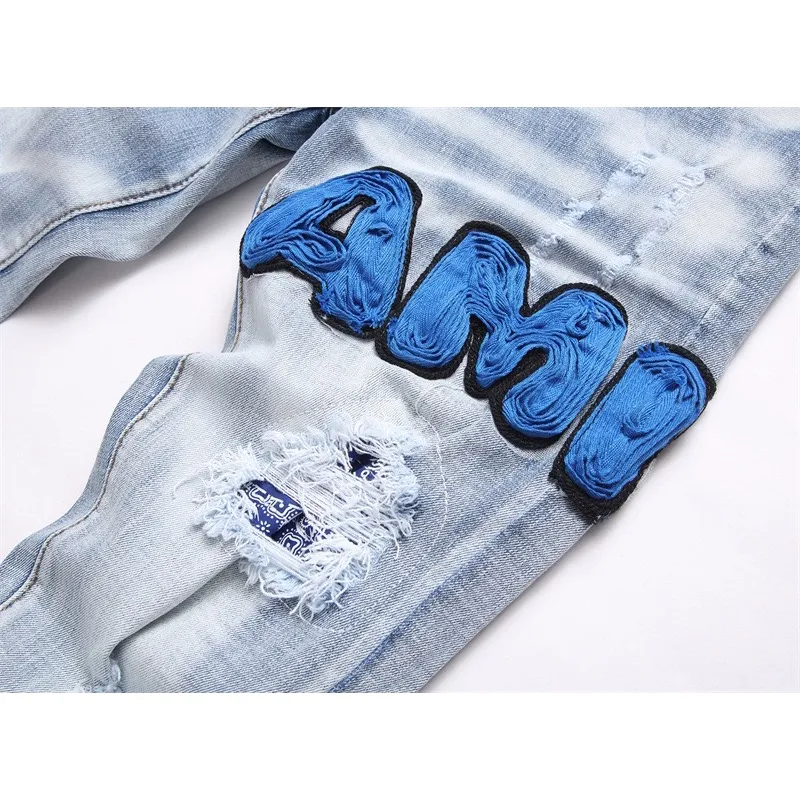 #M86 P168💰 Red and blue AM jeans with holes for small feet, light luxury jeans with AMIRI patch embroidery, jeans trousers, hole tight stretch jeans trousers, amiri brand jeans break the production process and cutting of the original jeans, the fabrics are softer and more comfortable, hand-sewn collar label, custom logo buttons, genuine leather tag, color: picture color, size: 30-32-34-36