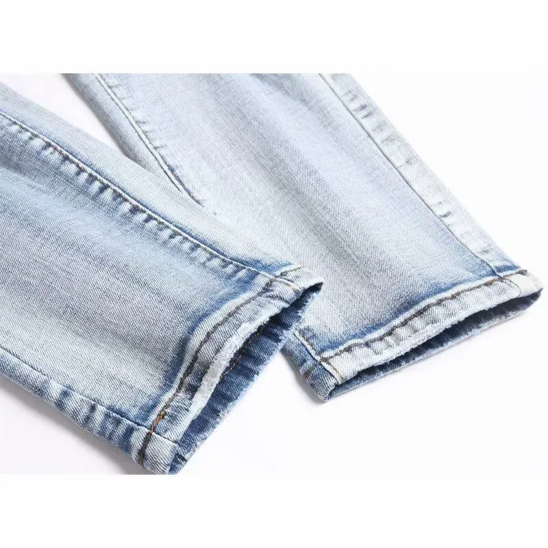 #M86 P168💰 Red and blue AM jeans with holes for small feet, light luxury jeans with AMIRI patch embroidery, jeans trousers, hole tight stretch jeans trousers, amiri brand jeans break the production process and cutting of the original jeans, the fabrics are softer and more comfortable, hand-sewn collar label, custom logo buttons, genuine leather tag, color: picture color, size: 30-32-34-36
