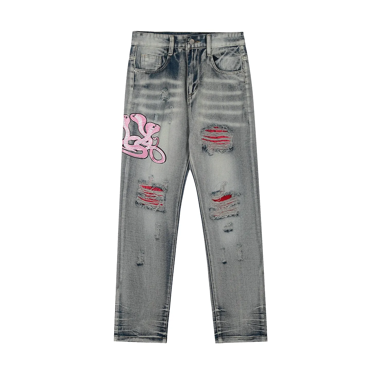 #M35 P168💰 Amiri classic embroidered hole patch washed cobra slim fit jeans Produced by a major washed factory Full of high-end sense Partial destruction of the knees with leather patchwork design Already used as a facade design Leather waist nameplate The focus of this style is not on the washing, but on the shape and version of the destruction The secret lies in the craftsmanship of the master. The cost of post-processing, grinding, cutting, etc. is far beyond the cost of assembly line products. Color: Picture color Size: 30-32-34-36
