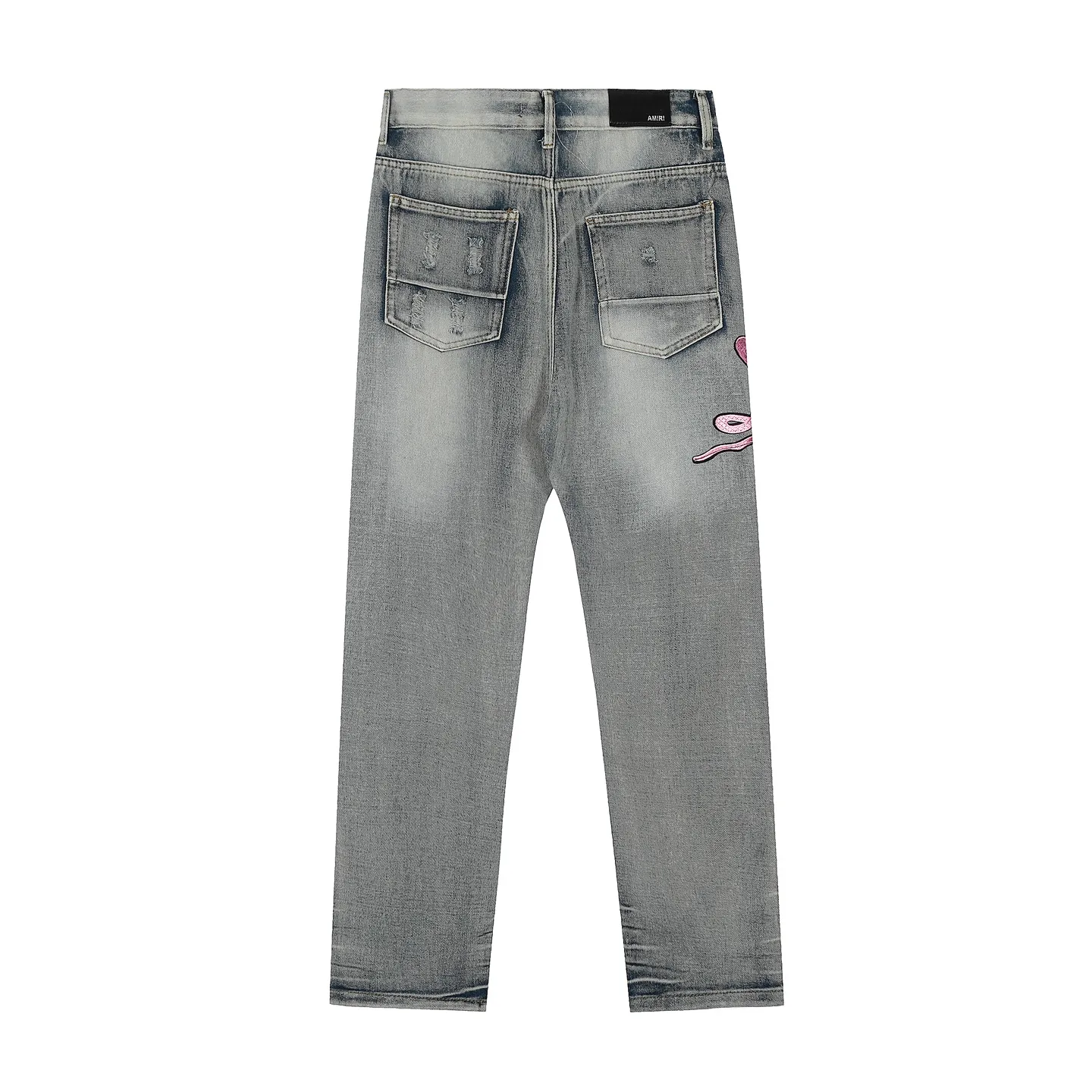#M35 P168💰 Amiri classic embroidered hole patch washed cobra slim fit jeans Produced by a major washed factory Full of high-end sense Partial destruction of the knees with leather patchwork design Already used as a facade design Leather waist nameplate The focus of this style is not on the washing, but on the shape and version of the destruction The secret lies in the craftsmanship of the master. The cost of post-processing, grinding, cutting, etc. is far beyond the cost of assembly line products. Color: Picture color Size: 30-32-34-36