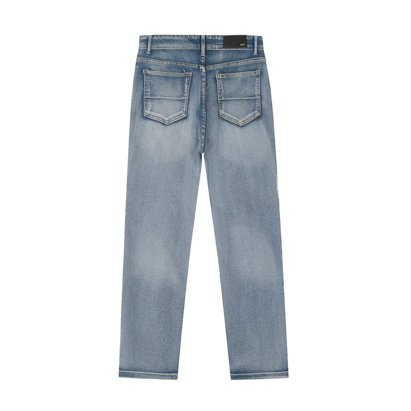 #M45 P168💰 Amiri classic embroidered patched leather distressed lettered jeans. Slim fit jeans. Produced by a major washed factory. Full of high-end. Partial destruction of the knees and patchwork design. Already used as a facade design. Leather waist nameplate. The focus of this style is not on the washing, but on the destroyed shape and version. The secret lies in the craftsmanship of the master. The cost of post-processing, grinding, cutting, etc. is far beyond the cost of assembly line products. Color: Picture color Size: 30-32-34-36