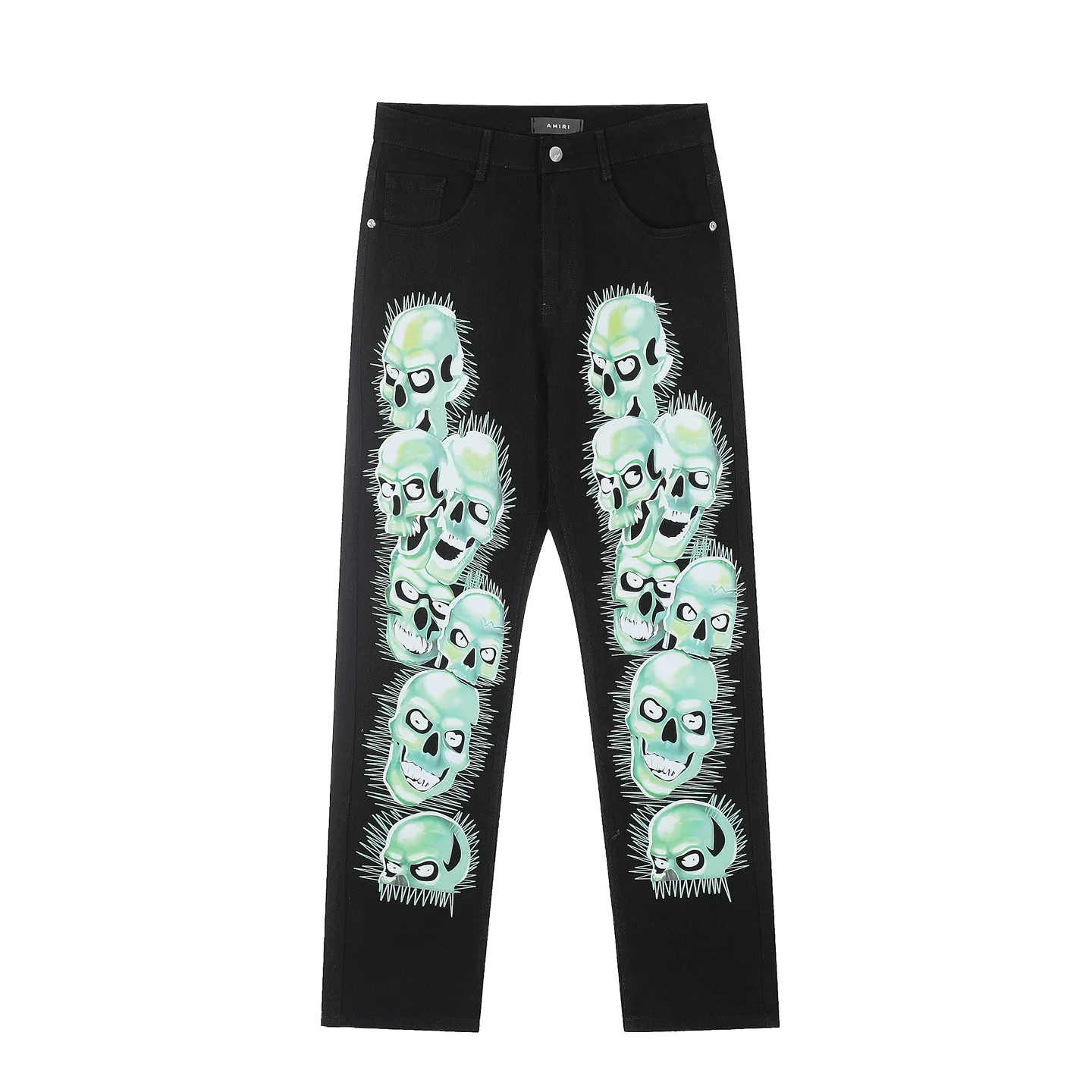 #M23 P168💰 Amiri printed skulls all over ☠️Printed small-foot jeans Slim-fitting small-foot jeans Produced by a major washed factory Full of high-end feel Partial destruction of the knees with leather design Already used as a facade design Leather waist nameplate The focus of this style is not on the washing, but on the destroyed shape and version The secret lies in the craftsmanship of the master. The cost of post-processing, grinding, cutting, etc. is far beyond the cost of assembly line products. Color: Picture color Size: 30-32-34-36