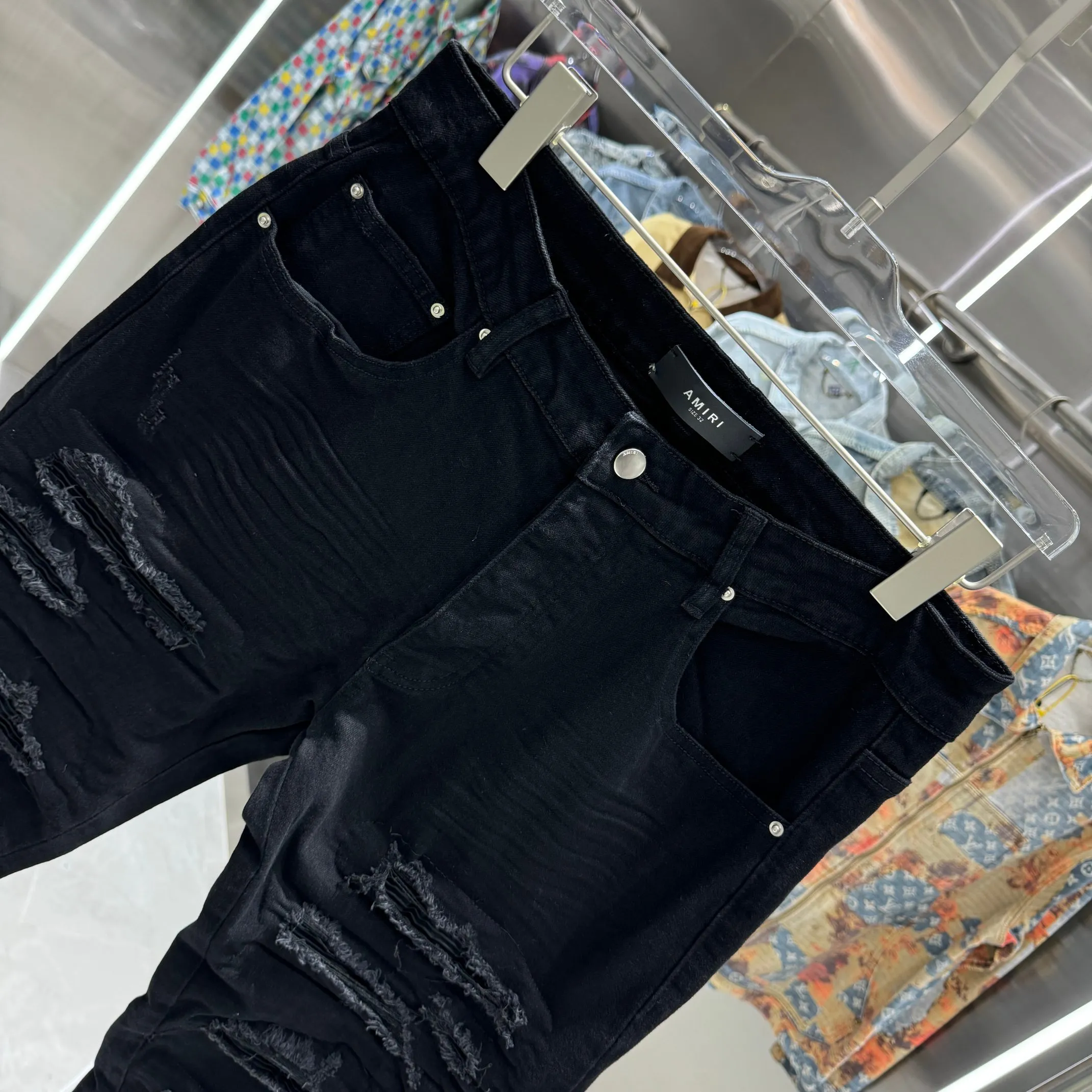 P290 Amiri ripped craft street fashion slim fit stretch jeans Color Black Size 30 32 34 36 38
