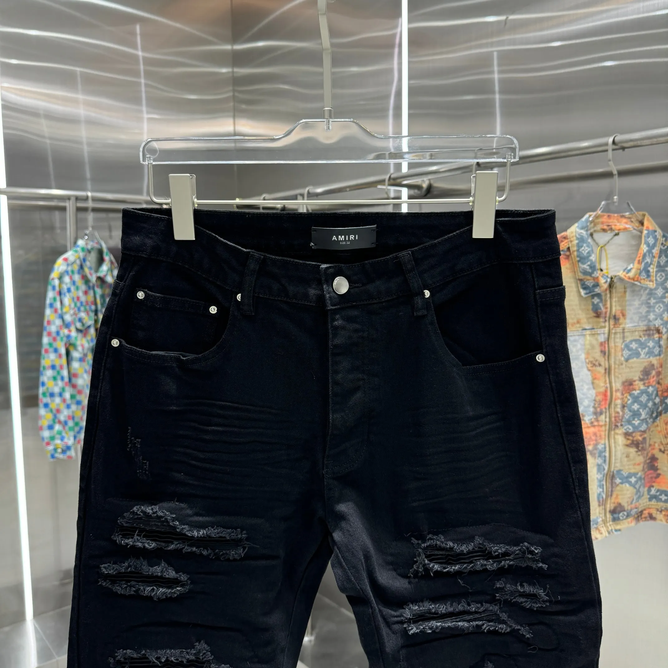 P290 Amiri ripped craft street fashion slim fit stretch jeans Color Black Size 30 32 34 36 38