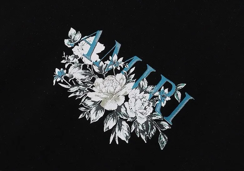 Style number: 674 P120 Fabric: 260g double yarn AMIRI 2025 spring and summer new logo round neck T-shirt high street men and women loose classic letter flower short sleeves Color: White Black Size: S M L XL