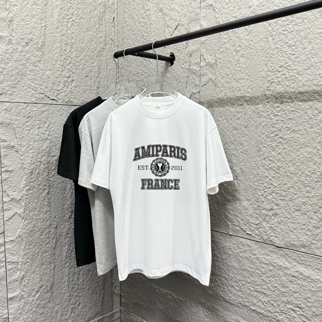 🅿️180 Ami* 2025 spring and summer new style Ami letter flocking technology Customized double yarn plain cotton fabric Short-sleeved T-shirt Uniform for men and women Color: black white floral gray Size: S (90-130 catties) M (120-150 catties) L (140-165 catties) XL (160-180 catties) XXL (180-210 pounds)