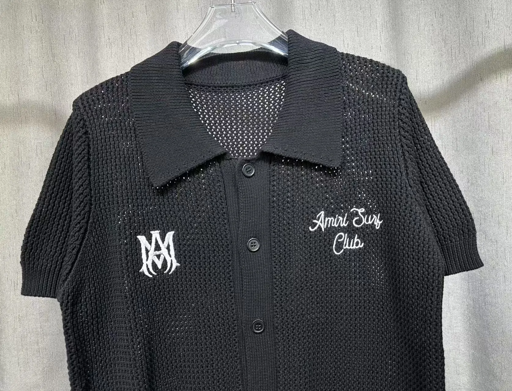 P260 🎉2025 AMIRI new summer sweater fabric POLO collar cardigan short sleeves front and back logo embroidery 🈵 body hollow heavy craftsmanship Color: Black Size: S M L XL XXL