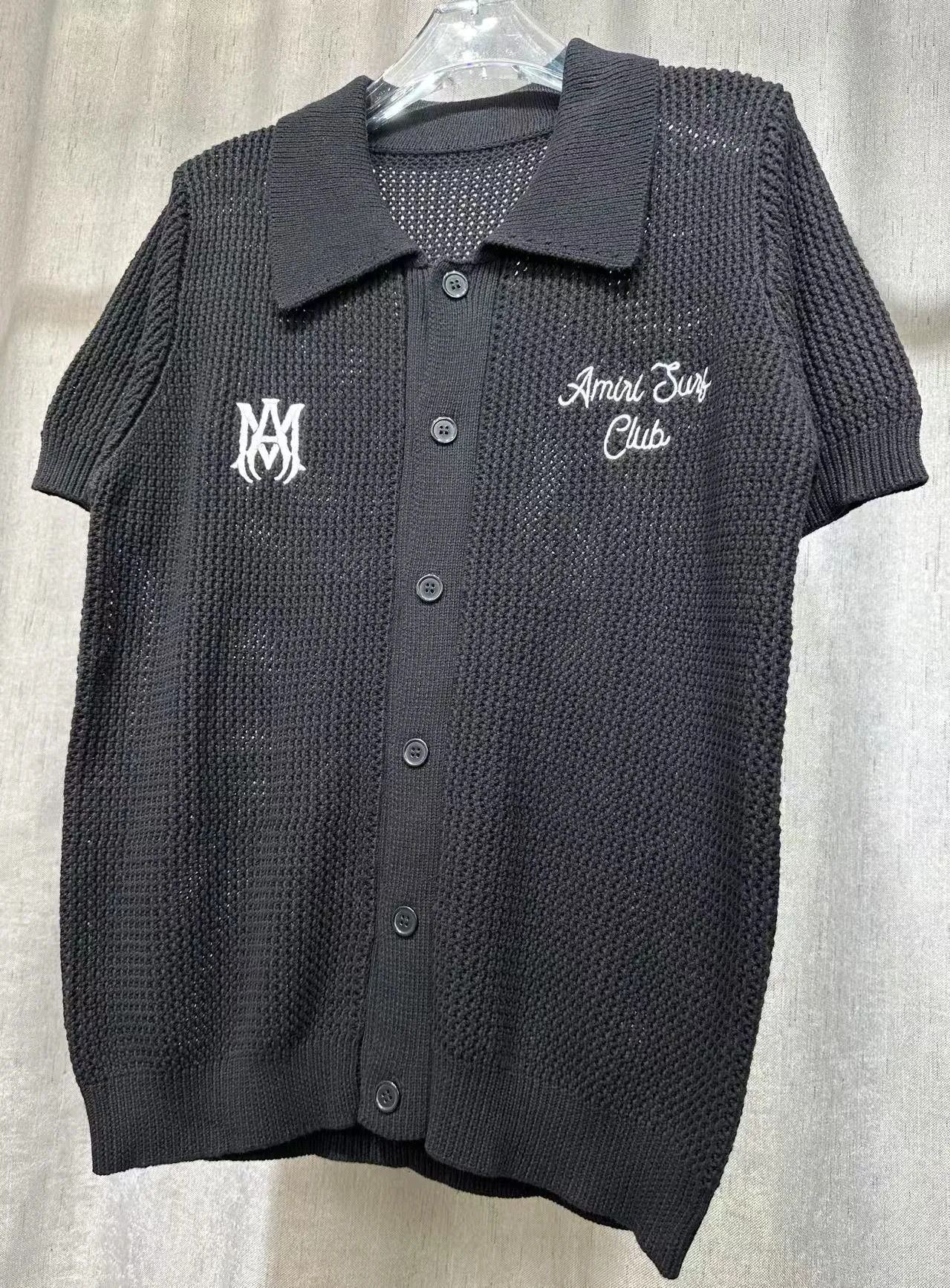 P260 🎉2025 AMIRI new summer sweater fabric POLO collar cardigan short sleeves front and back logo embroidery 🈵 body hollow heavy craftsmanship Color: Black Size: S M L XL XXL