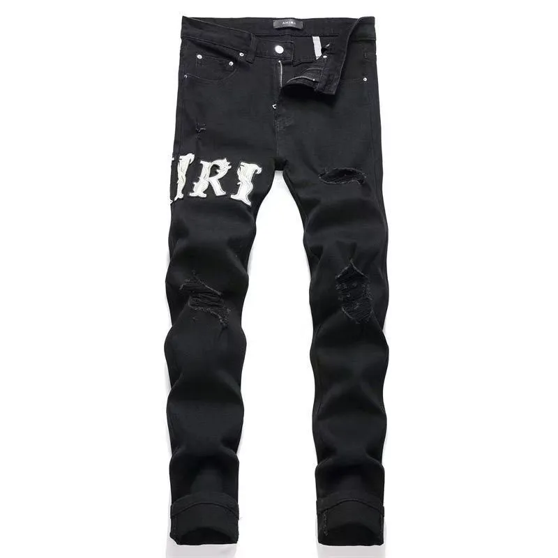 #M02 P168💰 AMIRI patch embroidery jeans trousers AMIRI high street basic ripped tight elastic jeans trousers amiri brand jeans break the production process and cutting of the original jeans, the fabrics are softer and more comfortable Hand-sewn collar label Customized logo buttons Genuine leather tag Color: black Size: 30-32-34-36